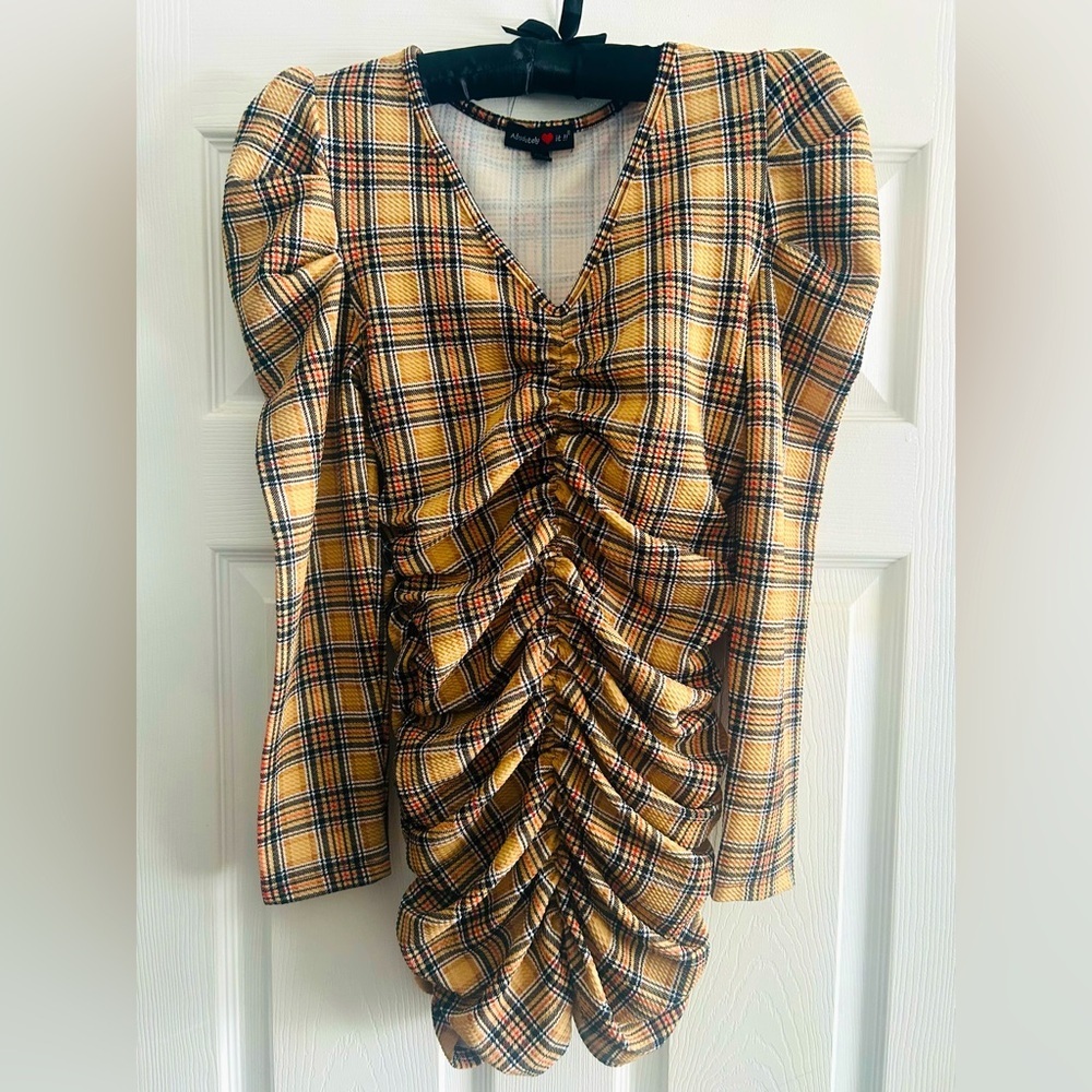 Absolutelyloveit V-Neck Long and Puff Sleeve Minidress w/ Center Cinching Sz LG